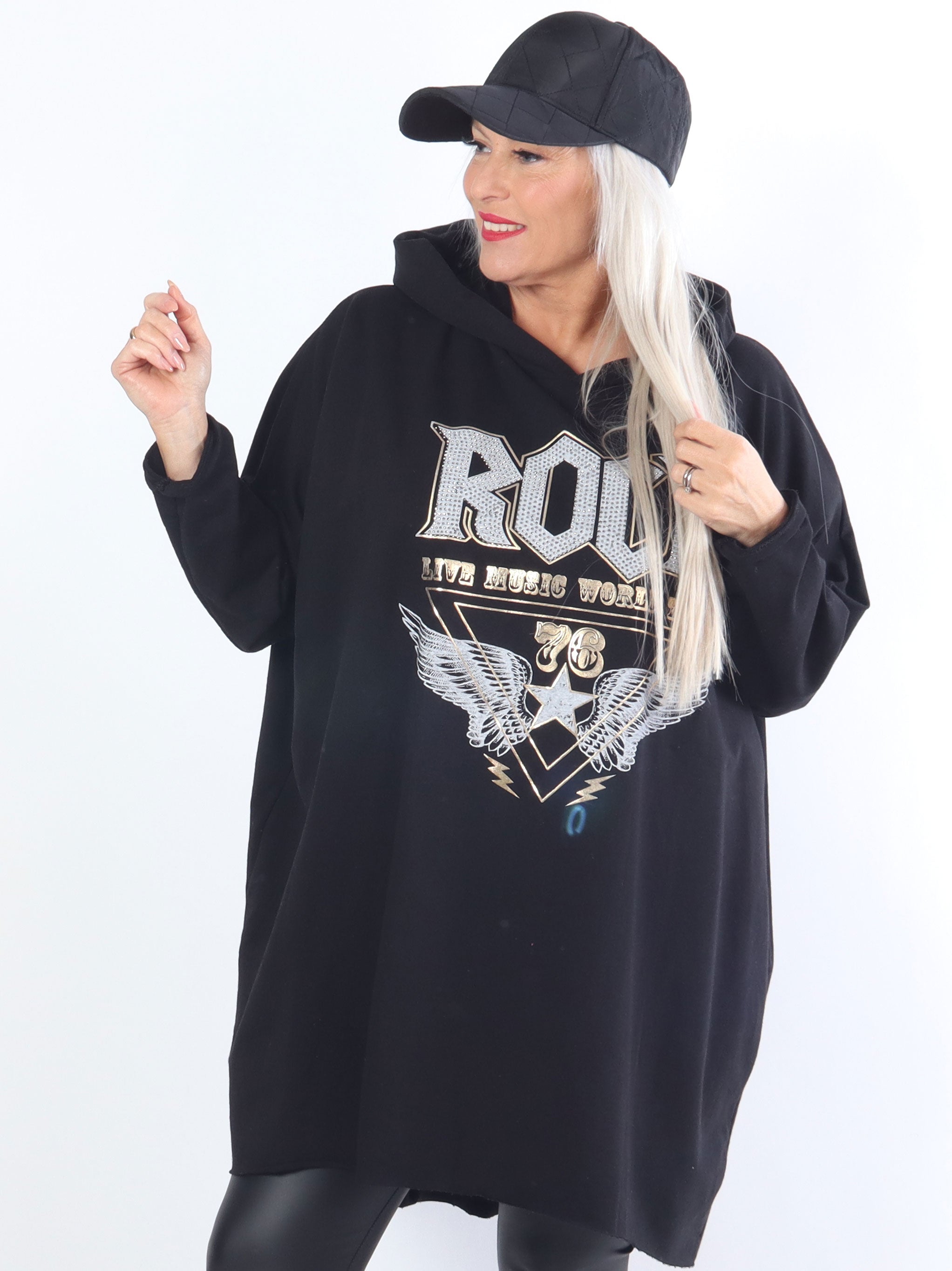 Rock - Cool plus size kjole med hætte og tekst